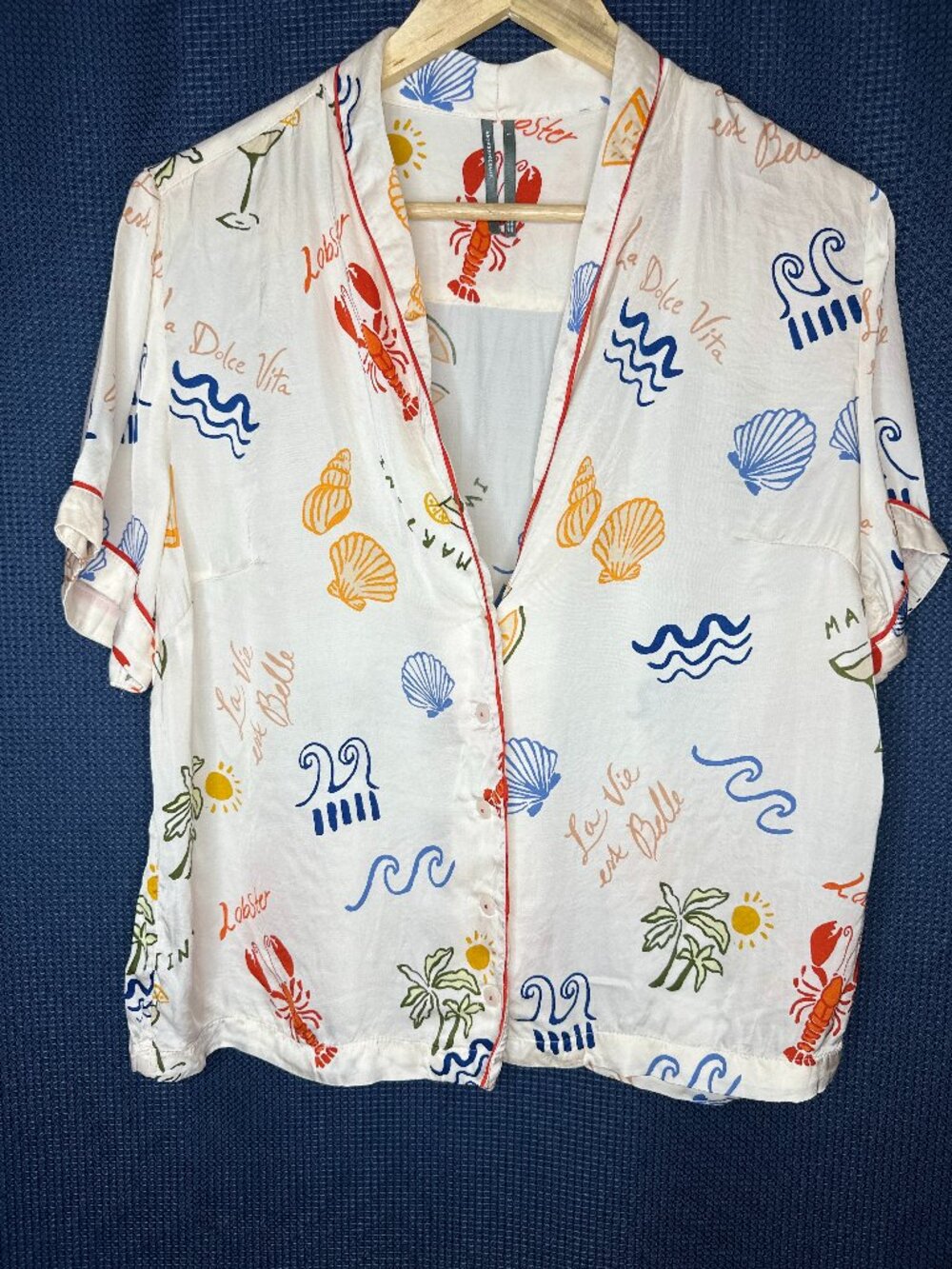 Anthropologie Silky La Dolce Vita Ocean Pajama Top, LARGE Whimsical Beach Resort